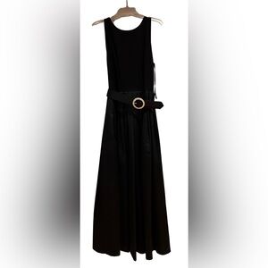 Vintage Elegant Black Satin Dress with Silver Buckle